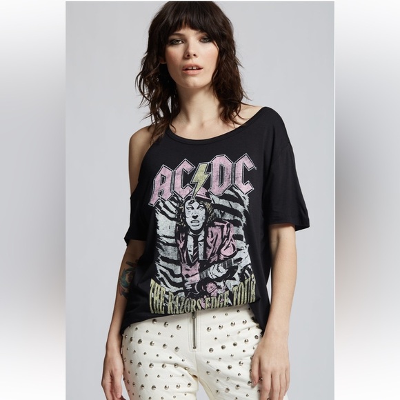 Recycled Karma Tops - Recycled Karma AC/DC The Razors Edge Tour Cold Shoulder Tee